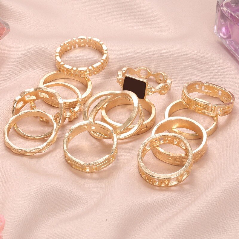 13Pcs Ring/Set Bohemian Vintage Gold Crescent Geometric Joint Ring for Women Crystal Personality Ring Set Party Jewelry