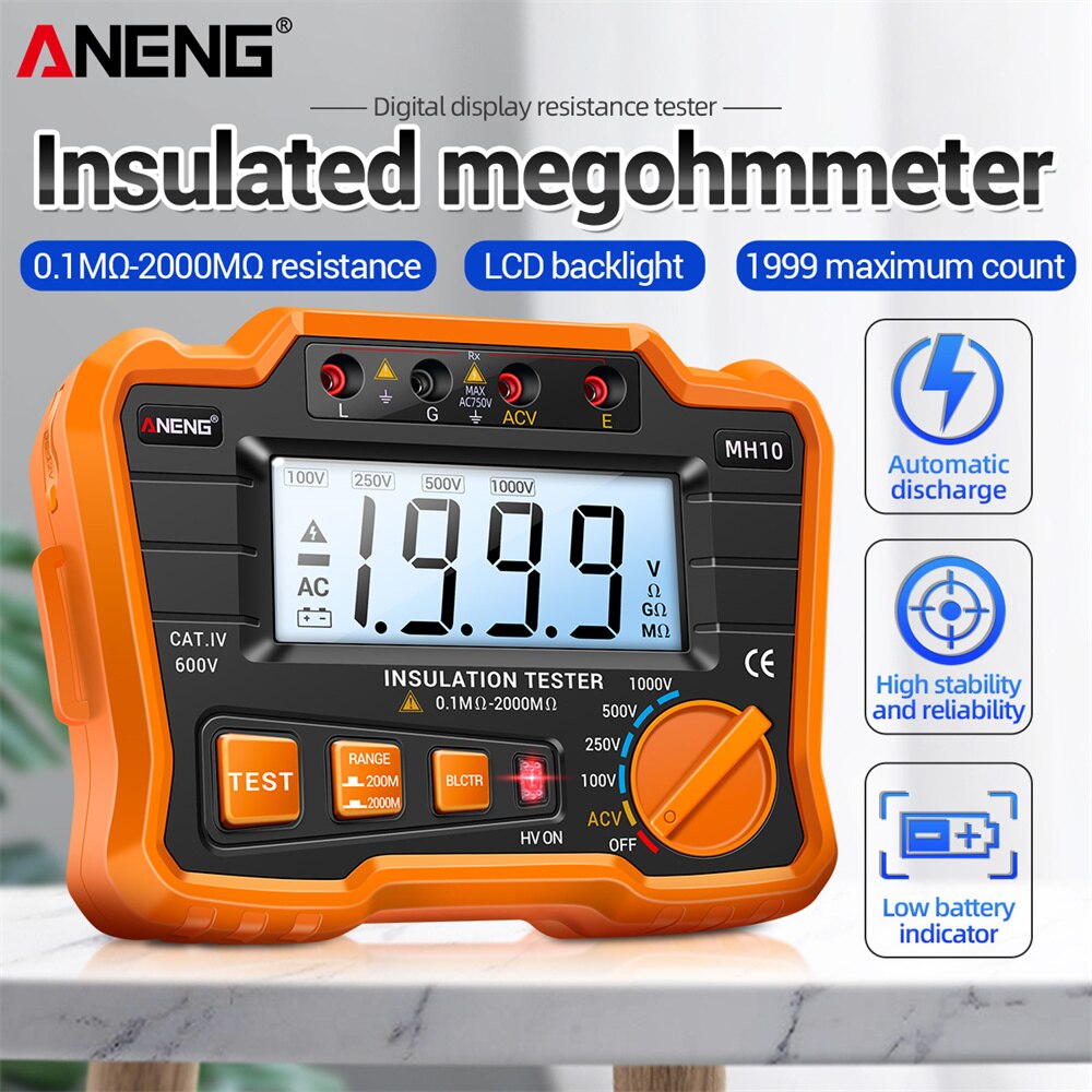 ANENG MH10 Insulation Resistance Tester 0.1MΩ-2000MΩ Megohmmeter Output Voltage 100/ 250/ 500/ 1000V Insulated Resistance Meter