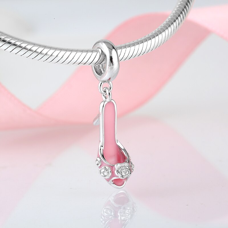 925 sterling sølv pink højhælede sko vedhæng perler passer til originale charme armbånd smykker fremstilling