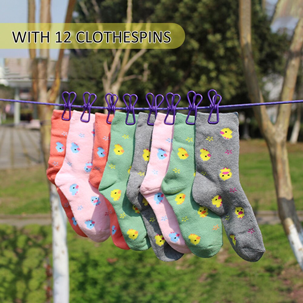 Corde à linge élastique avec 12 pièces pinces à linge Clips 2 crochets d'extrémité réglables