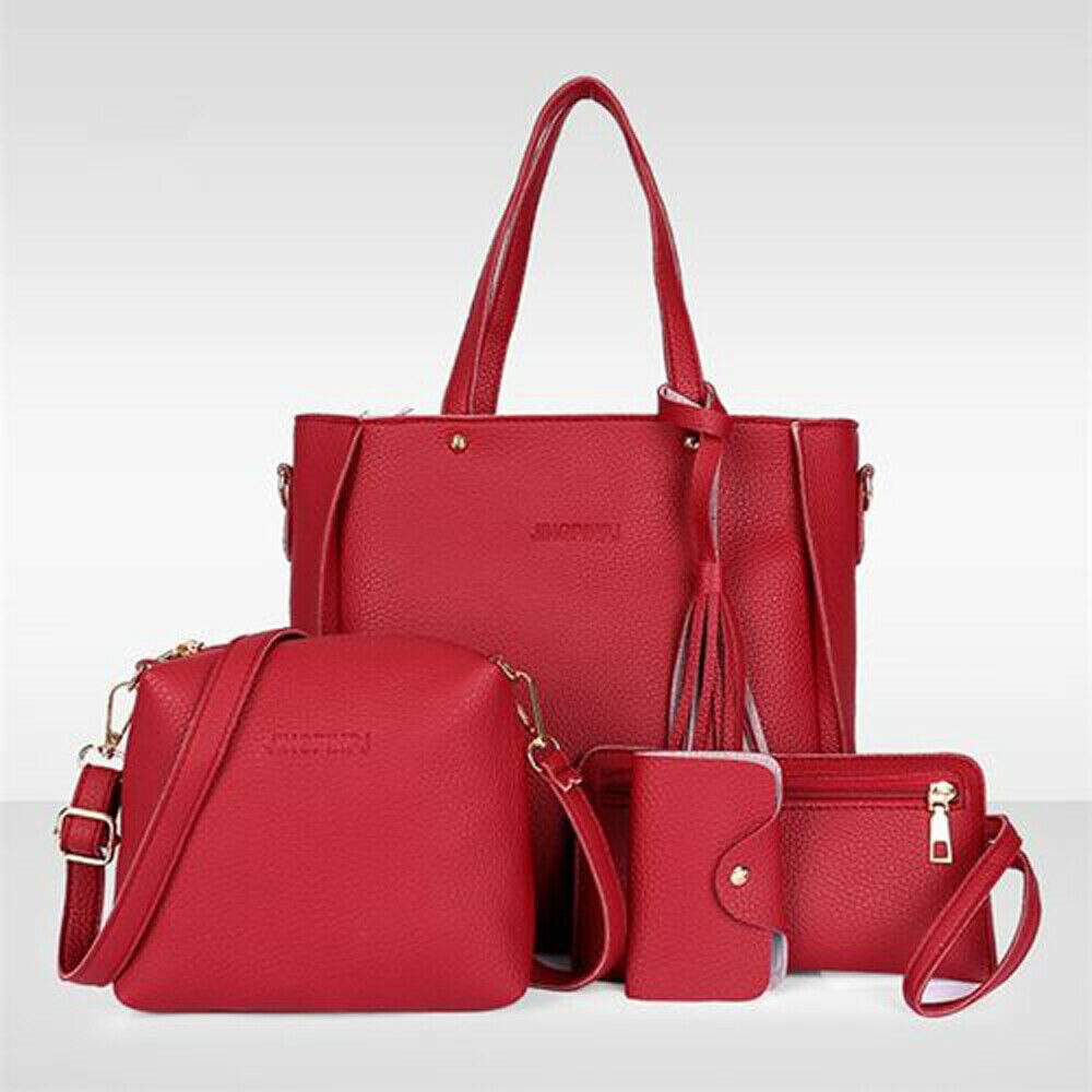 4 Stks/set Vrouwen Lady Lederen Handtassen Messenger Schoudertassen Purse Tote Satchel: Rood