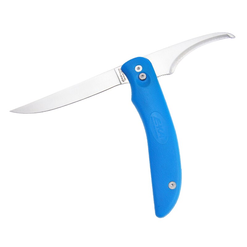 EKA – couteau à filet à deux lames en une, couteau de chasse à lame fixe rotative avec manche en TPR, gaine en Nylon pour la pêche: Bleu