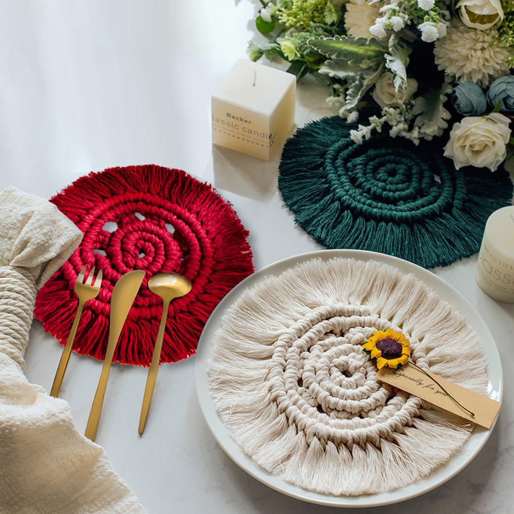 Macrame Placemats Cup Mat Bohemia Tablecloth Coaster Cup Pad Northern Europe Style Pure Handcrafted Cotton Braid Insulation Mats