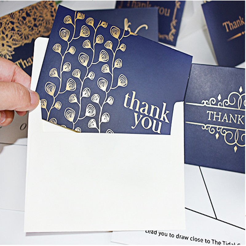 1pack Bronzing dark blue Thank You business card thank you half-fold card white envelope 15*10CM flower shop message
