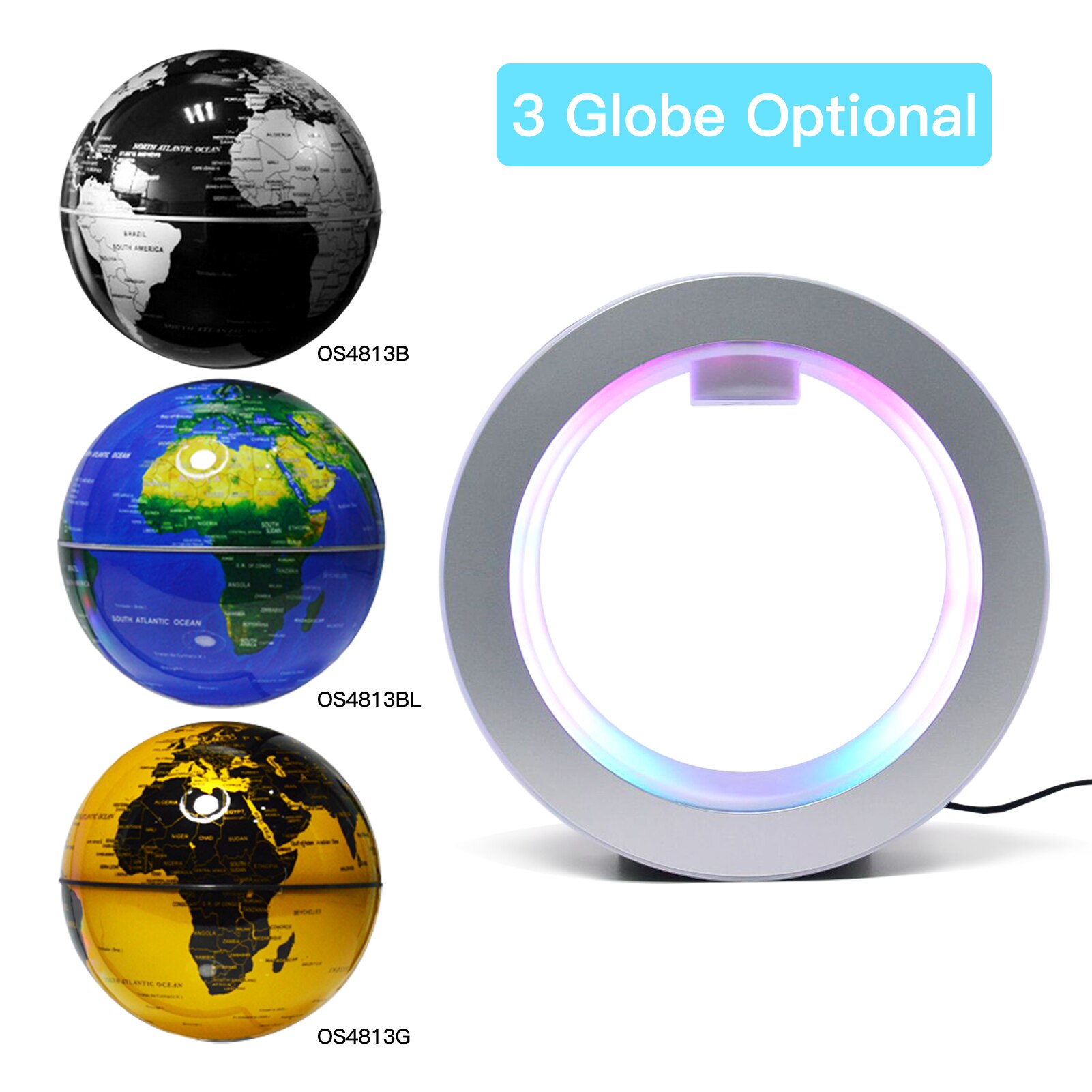 Globe flottant 6 pouces à lévitation magnétique, carte du monde rotative avec Base de lumière multicolore, lampe Globe Anti-gravité créative