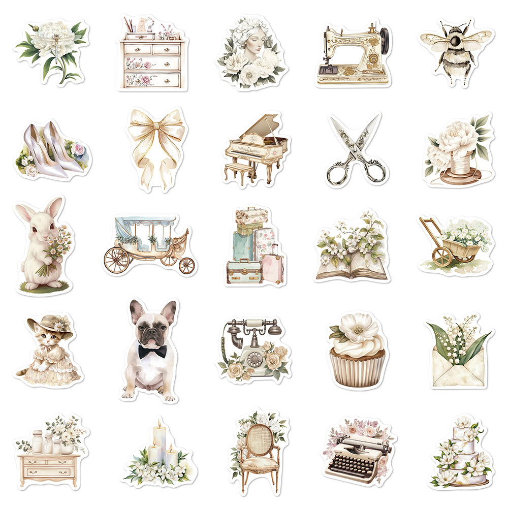 50Pcs Ins Style Cute White Stickers Retro Aesthetic Decals For Phone Laptop Suitcase Notebook Skateboard Waterproof Sticker