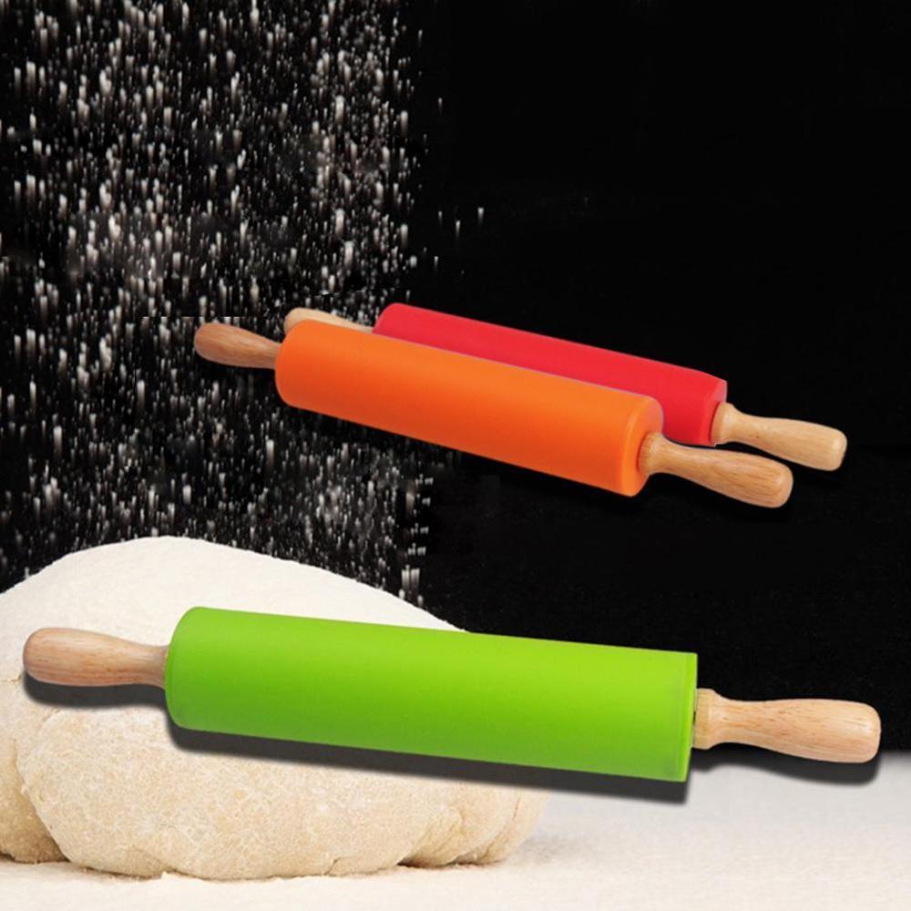 S/M/L Non-Stick Wooden Handle Silicone Rolling Pin Pastry Dough Flour Roller Kitchen Baking Cooking Tools Christmas Rolling Pin