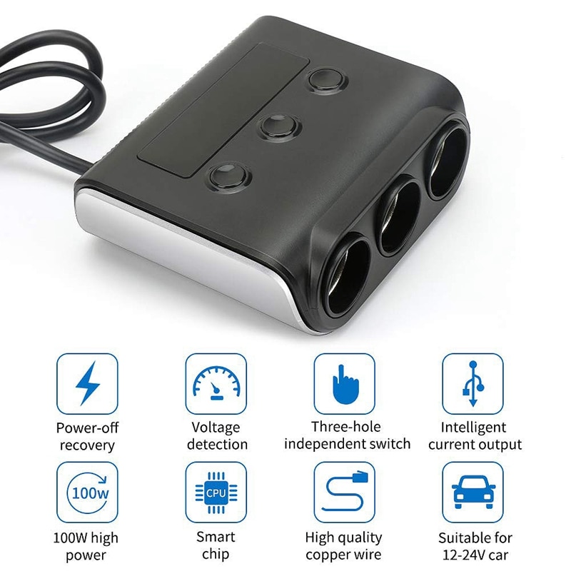 3-Sockets Sigarettenaansteker Splitter,100W 12V/24V Car Power Dc Outlet Adapter Met 3.6A 4 Usb Poorten Opladen Autolader