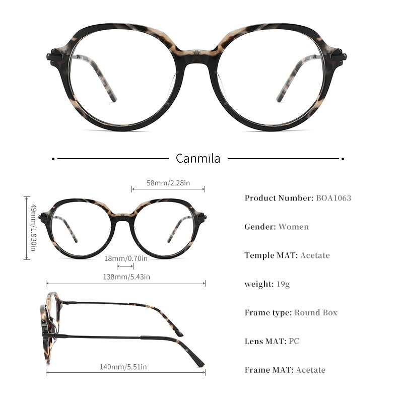 Acetate Myopia Glasses Frame Women Round Vintage Prescription Eyeglasses Retro Optical Spectacle Eyewear Canmila BOA1063