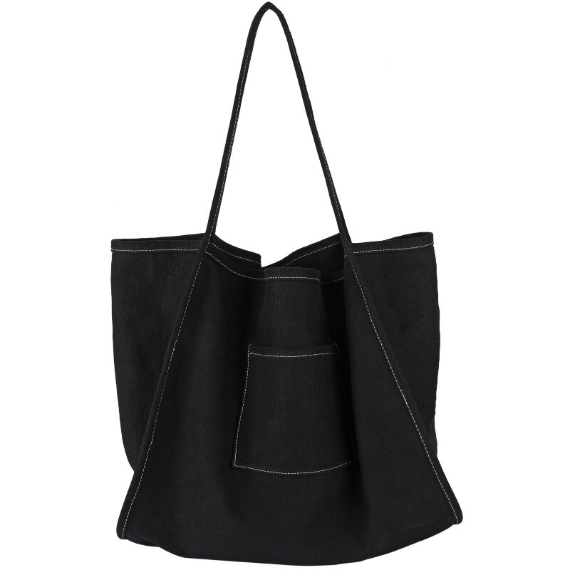 Effen Kleur All-Match Vrouwen Tas Canvas Schoudertas Grote Capaciteit Boodschappentas: Black
