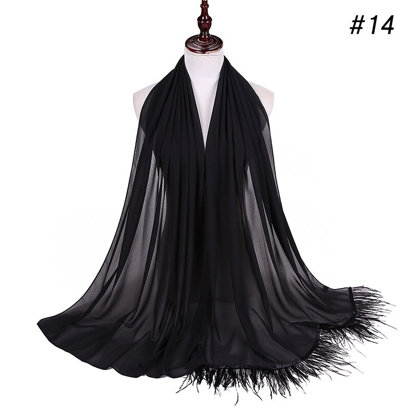 Trend Feather Hijabs Turban Chiffon Single-Side Short Feather Stitching Scarf Long Shawl For Muslim Women Headscarf: 14 black