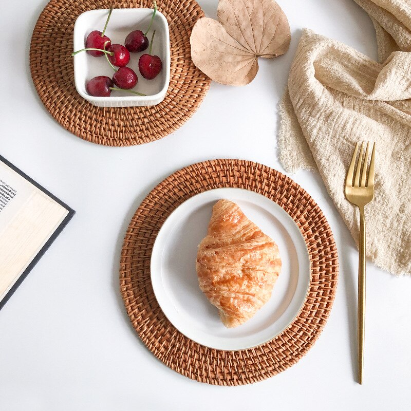 Tapis rond en rotin naturel pour tasse de thé, napperons thermo-isolants tissés à la main, rembourrage de Table, accessoires de décoration de cuisine