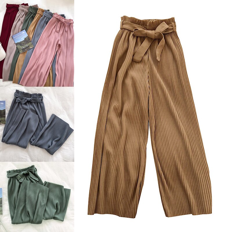 Women's Casual Wide Leg Pants - High Waist Belted Pleated Trousers for Summer