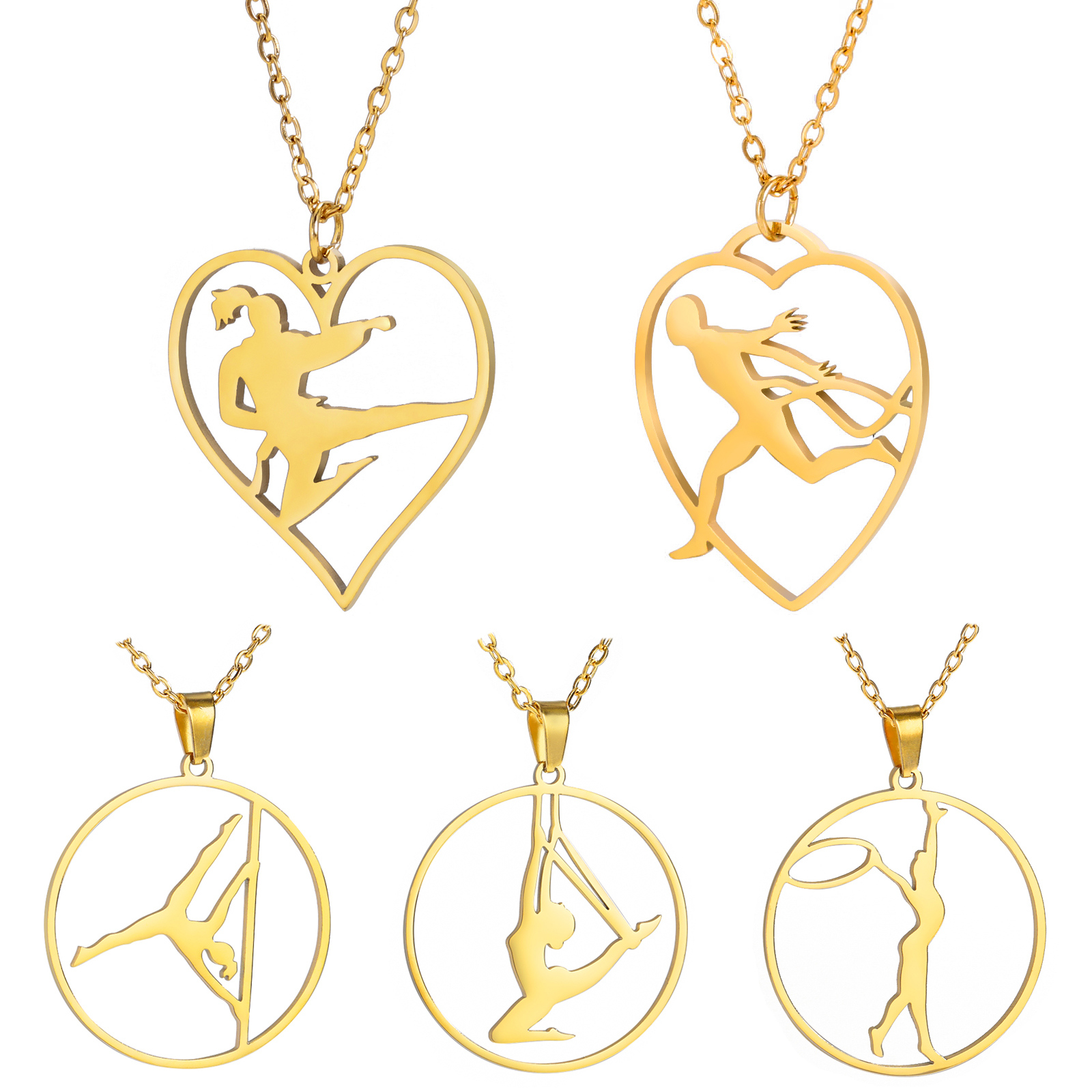 Trendy Gymnastics Taekwondo Sports Pendant Necklace Stainless Steel Hearts Round Shape Necklaces For Women Party Jewelry