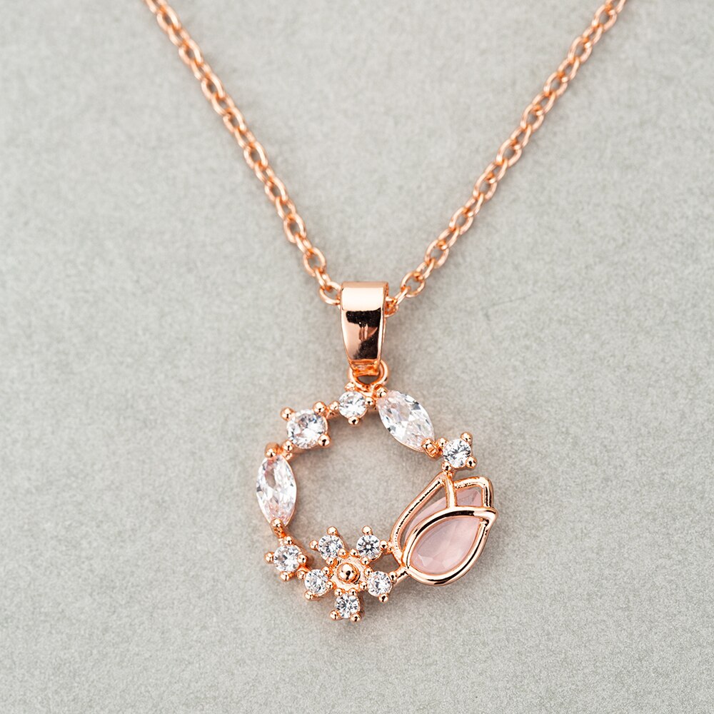Trends pink tulipan øreringe rosa guld halskæde øreringe smykke sæt tidløse klassiske søde zirkon brude bryllup smykker: 1 stk halskæde