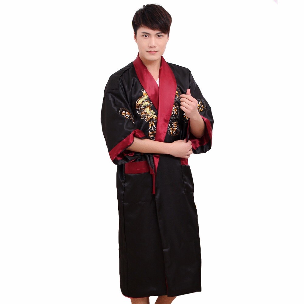 To side broderi drage mænd satin kimono kappe sort rød vendbar badekåbe afslappet nattøj nattøj med bælte: Sort
