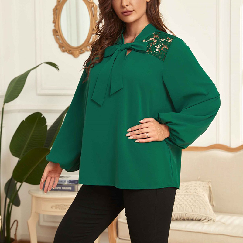 Camisa de manga larga de encaje para mujer, blusa femenina de Color sólido, talla grande, de otoño e invierno, 2022