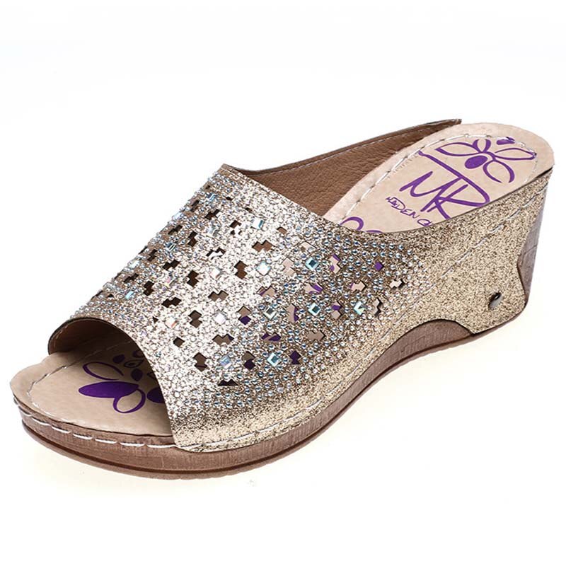 Zomer Vrouwen Wedge Sandalen Premium Bling Bling Open Teen Sandalen Vintage Anti-Slip Lederen Casual Vrouwelijke Platform Schoenen: gold / 41