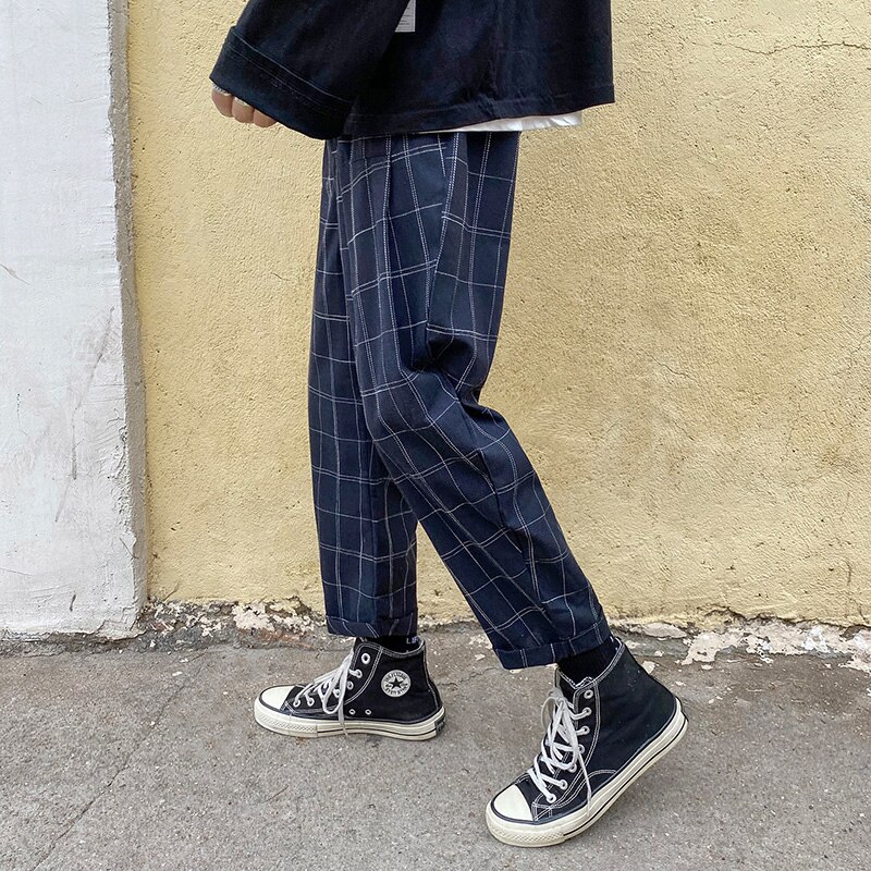 Efterår casual bukser herre vintage bomuld plaid bukser ankel længde vasket snor ternede harem bukser mandlige: M / Blå