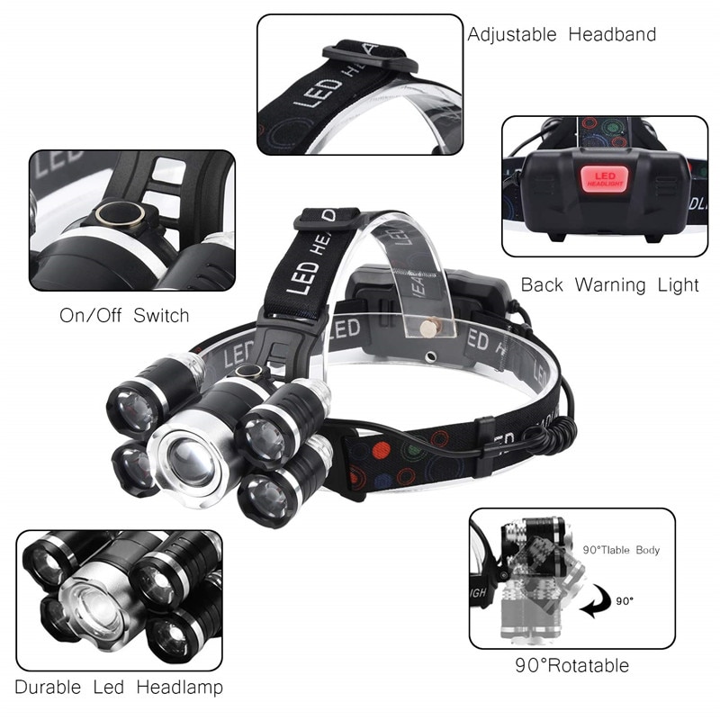 Most Powerful 7000LM LED Headlamp Zoomable XML 3/5 LED T6 Head Torch with Rechargeable 18650 battery Forehead headlight For Camp