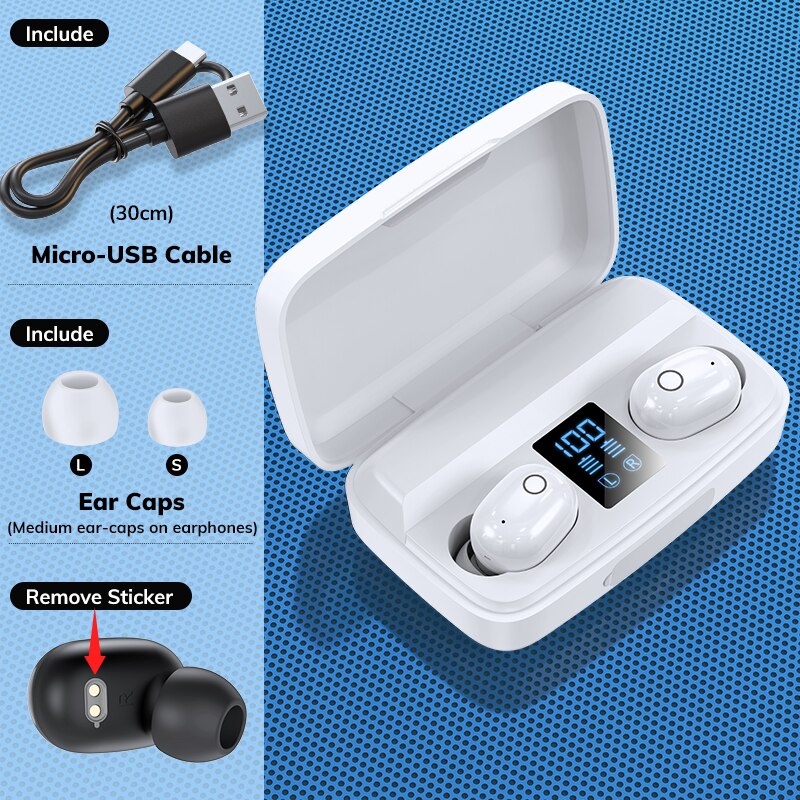 TOPK T10 Wireless Bluetooth Headphones V5.0 Fingerprint Touch Control Bluetooth Earphones with microphone 2000mAh Charging Box: T10-White
