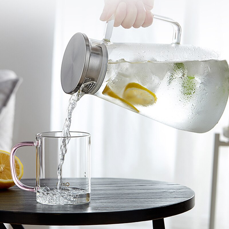 Borosilicate Glass Pitcher with Handle, Heat Resistant Water Carafe with Stainless Steel Lid, 1500ml/1800ml Teapot Kettle