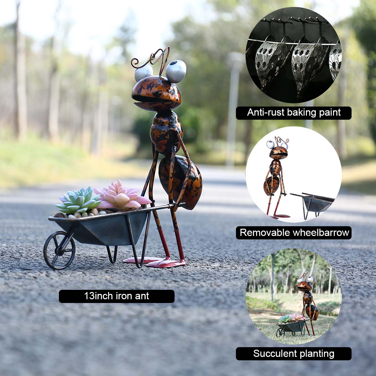 13inch Ant Sculpture Iron Cartoon Ant With Removable Bucket Garden or Desk Decor Succulent Flower Pot Trinket Storage