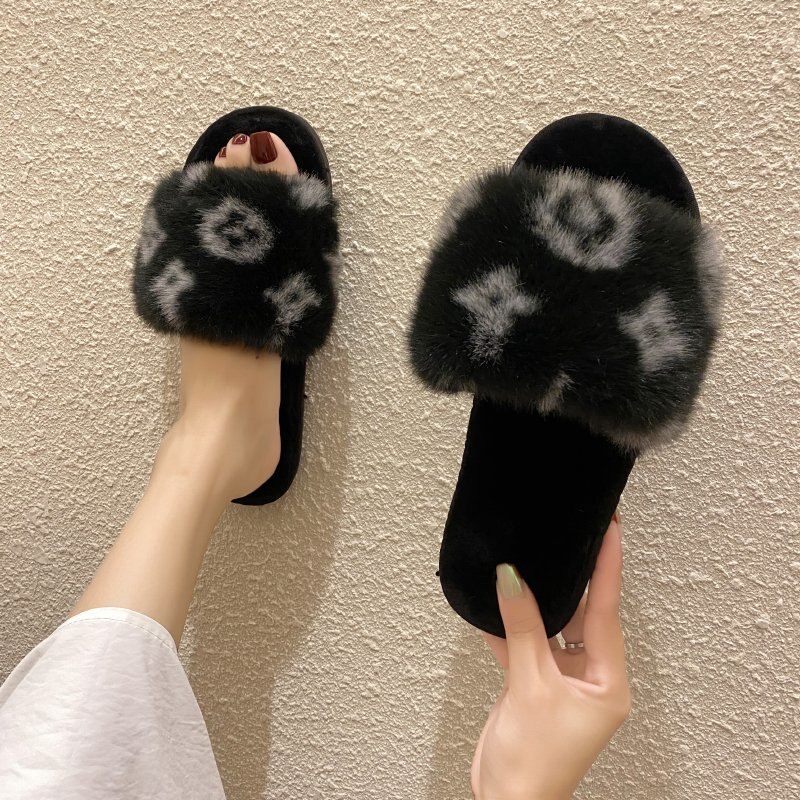 Varme sko kvinde vinter tøfler imiteret pels kvinder tøfler slip on flip flops pels tøfler kvindelige slides plus str.