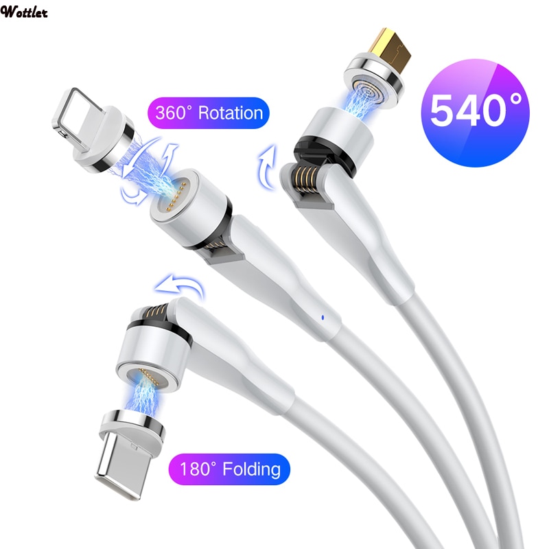 Cable cargador de datos USB magnético de rotación de 540 grados para iPhone, Cable Micro USB tipo C de carga rápida 3A para Samsung y Xiaomi