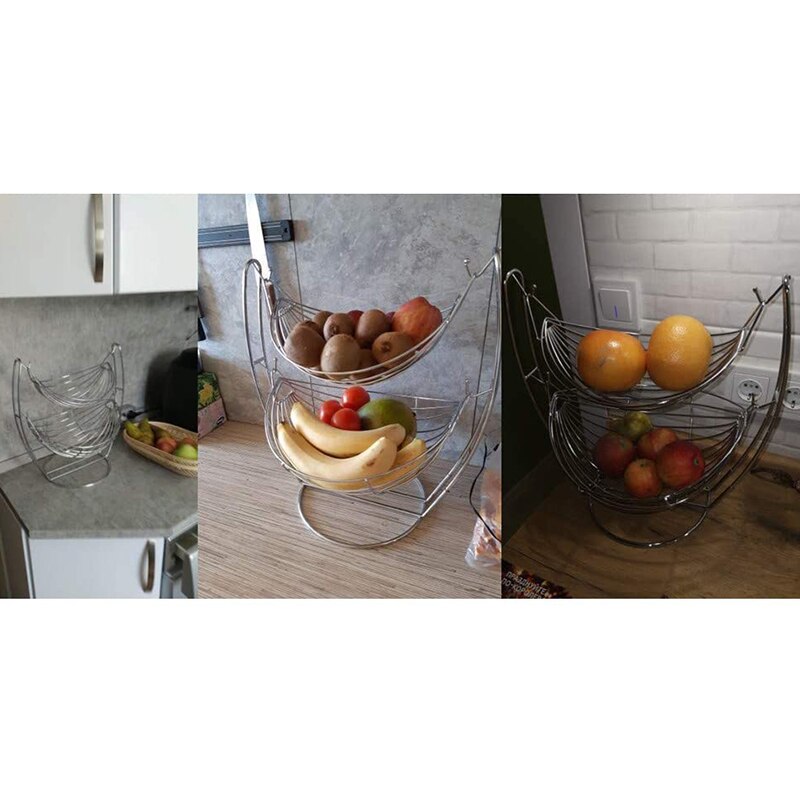 2 Tier Fruit Basket,Double Fruit Tray, Removable Bread Stand Fruit Storage Basket Produce Metal