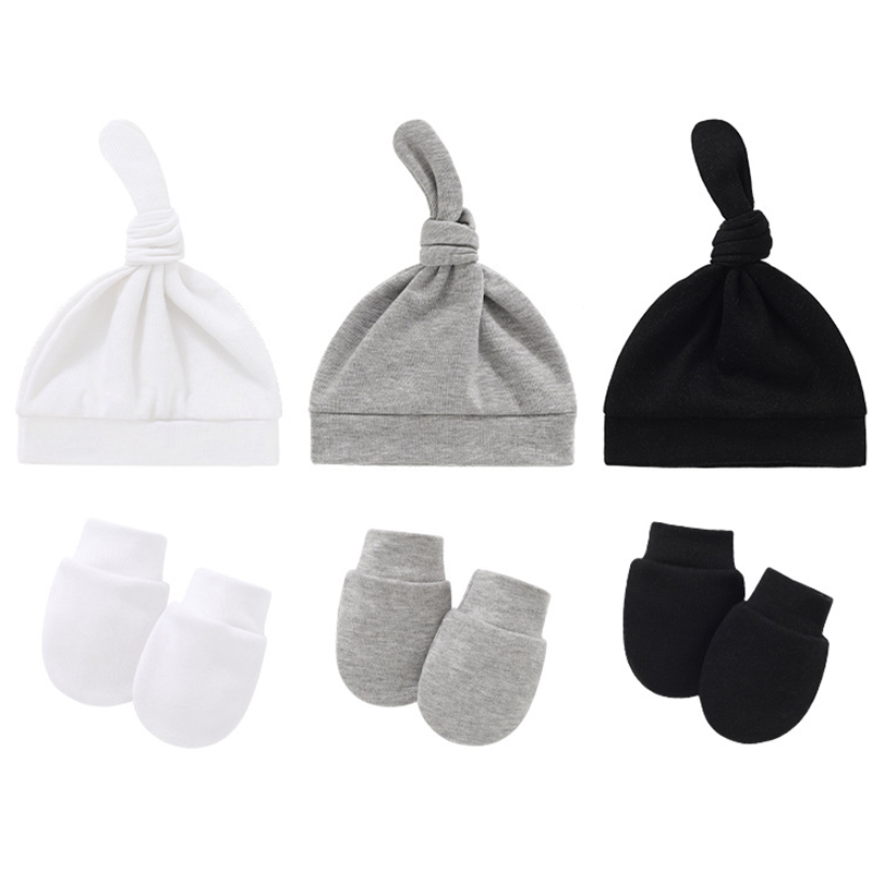 2 pezzi guanti cappello bambino Set morbido cotone neonato ragazzo berretto berretto guanti tinta unita primavera autunno nodo cappello neonato sonno