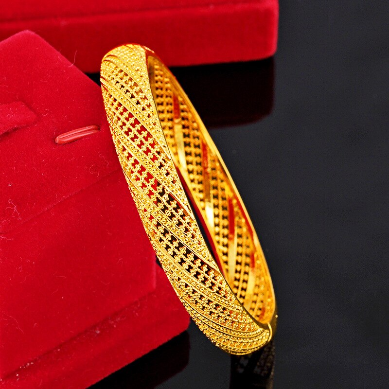 Wide Ethiopian Muslim Bangle Women Gold Color Dubai Bride Wedding Turkish Bracelet African Arab Hollow Jewelry