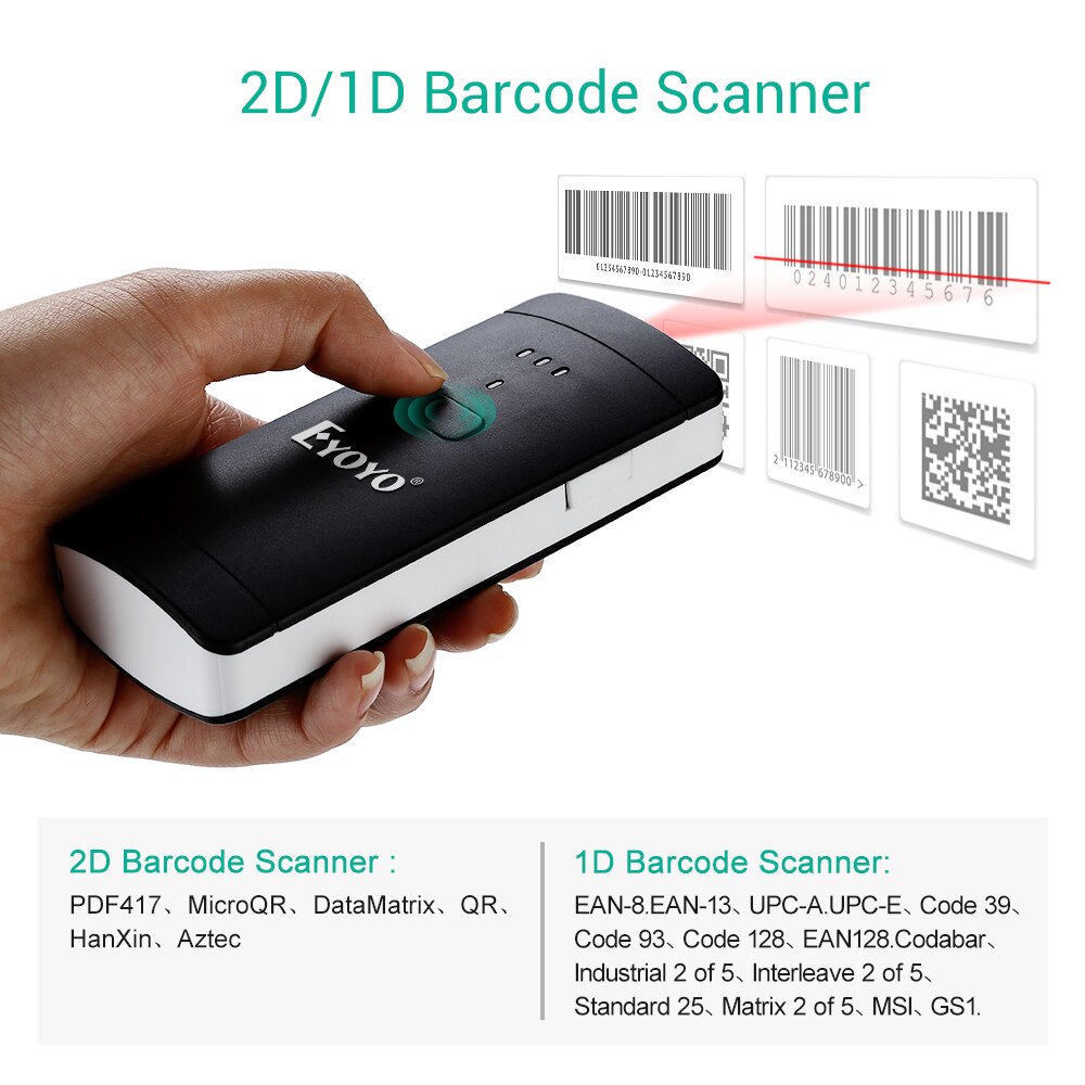 Eyoyo EY-002S sem fio bluetooth 2d scanner de código de barras pdf417 datamatrix qr leitor de código para andriod ios bolso mini 2d scanner