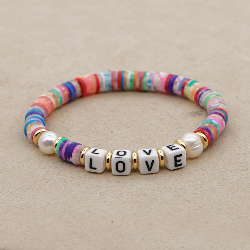 GO2BOHO Heishi arc-en-ciel macramé Bracelet femmes perle disque perles Bracelets lettre Pulsera coloré bijoux faits à la main