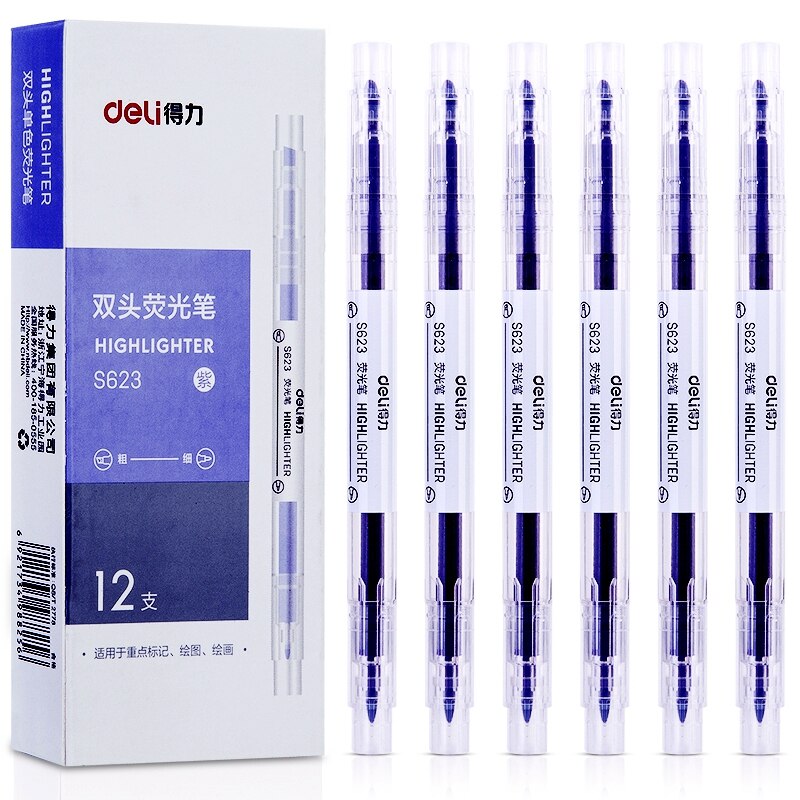12PCS/BOX Deli S623 Double side Highlighters pen marker pen 6 colors Oblique & Round head double side highligters office school