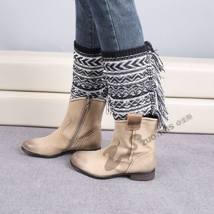 Calentadores de pierna en forma de L para mujer, calentadores de lana con borlas cortas, protección cálida para pantorrilla, medias SA909: Black White