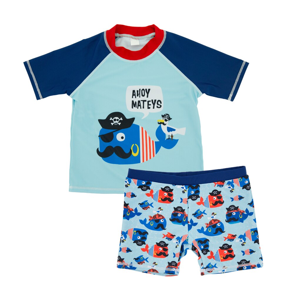 Kids Boy Swimwear Pirate Whale Printed 2 Piece Set Short Sleeve Summer Kids Boy Sport Suit Zwembroek Jongen Kids Bathing Shorts