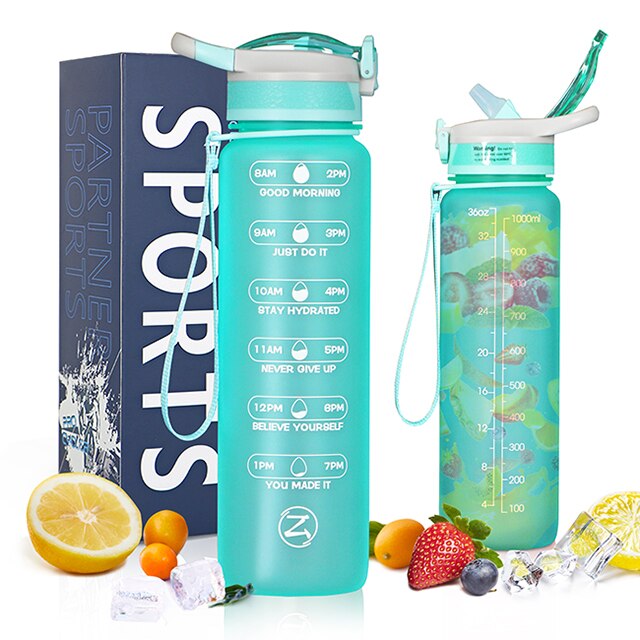 Zomake 1L/32Oz Motivatie Water Fles Met Stro & Tijd Marker, lekvrij & Bpa Gratis Flessen Water Fruit Zetgroep Voor Fitness: mint green 1L