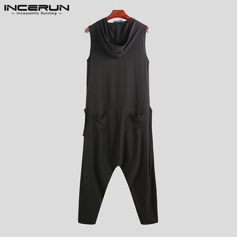 Mono liso sin mangas para hombre, peto con capucha, pantalones caídos de entrepierna Punk, ropa de calle con bolsillos, monos INCERUN 7