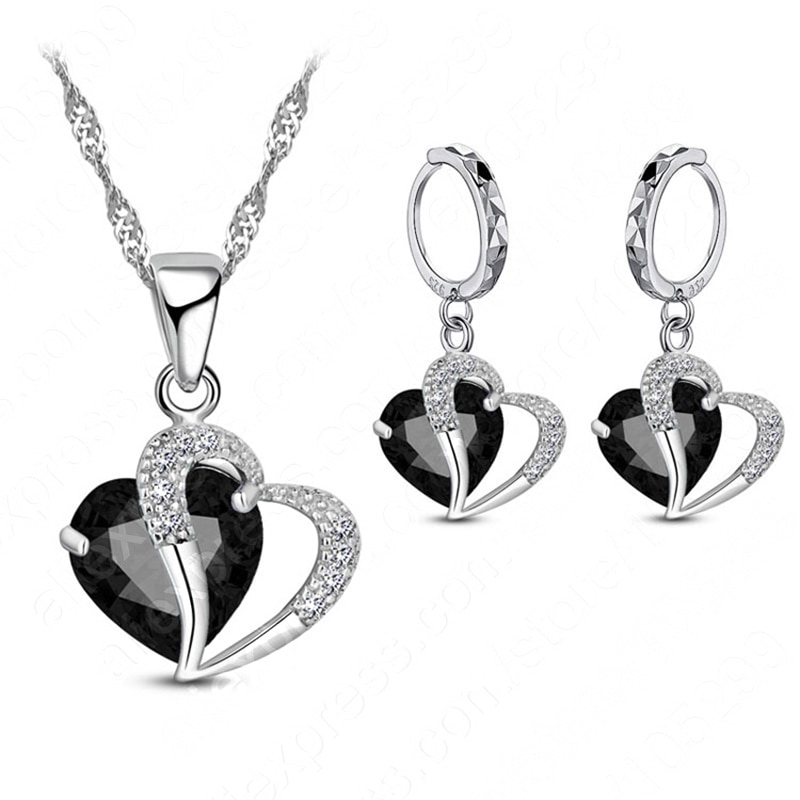 Luksus kvinder 925 sterling sølv cubic zircon halskæde vedhæng øreringe sæt brusk piercing smykker bryllup hjerte