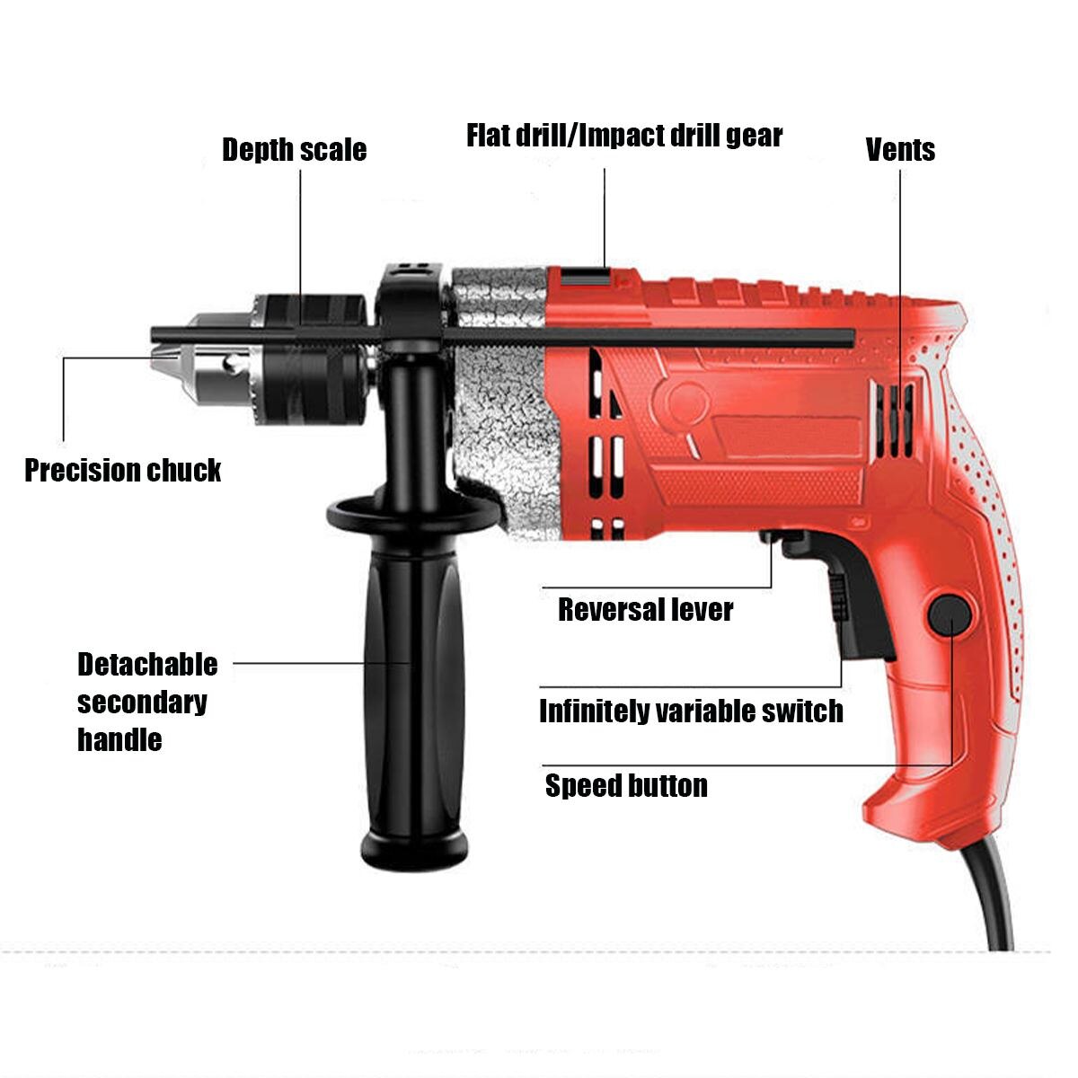 Drillpro 2000W 3000RPM 220V Electric Handheld Impact Drill Flat Drill Guns Hand Drills Torque Driver with Wrench Measuring Scale