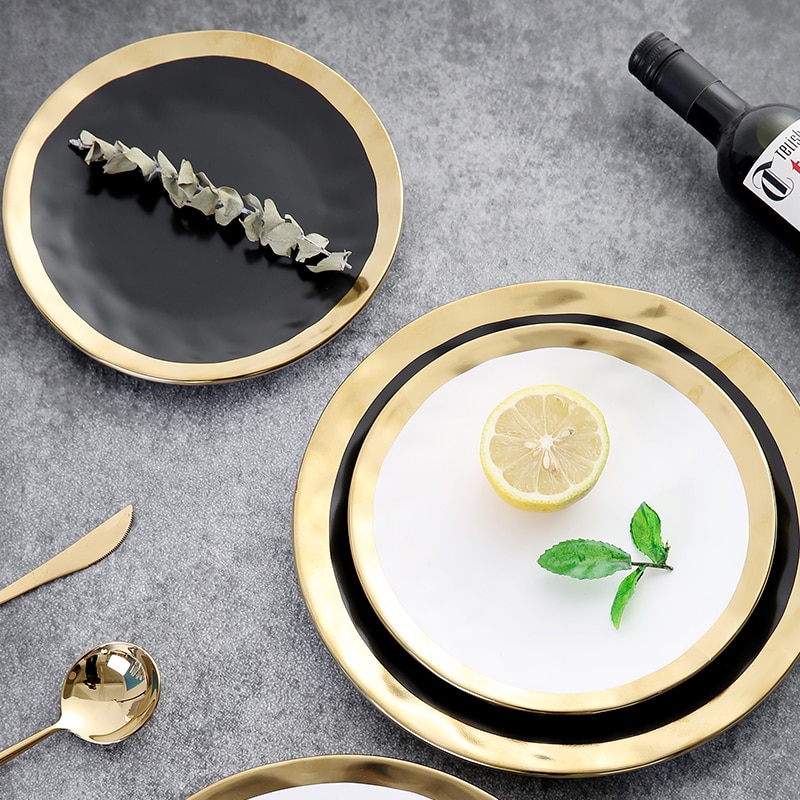 Europæisk sort og guld bordservice service pladesæt køkken apparater køkkenartikler porcelæn plade 8 tommer  / 10 tommer