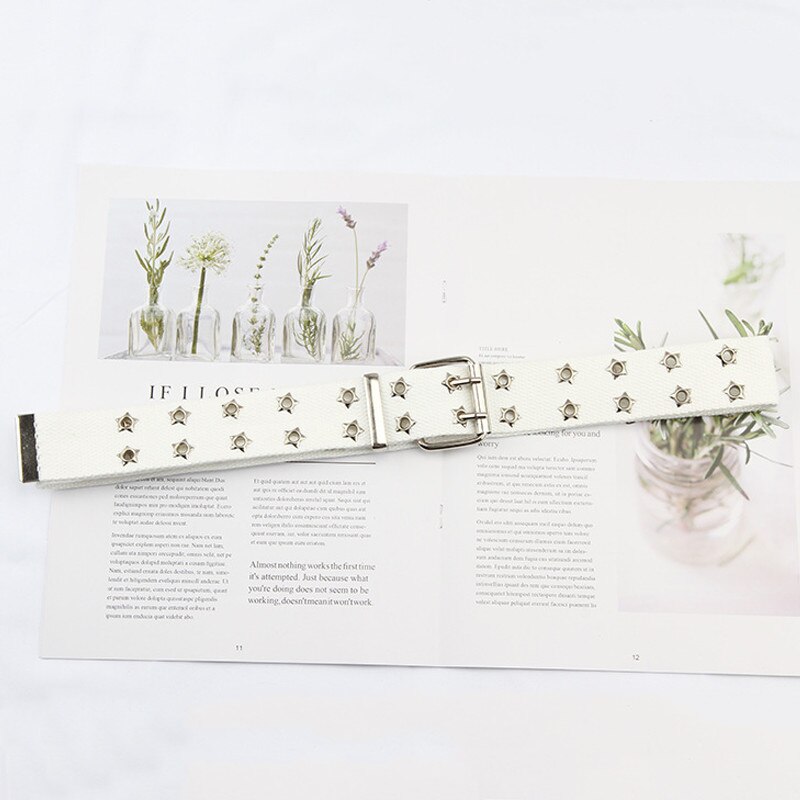 Double Grommet Belt Canvas Belt Double star Hole Belt for Women Punk Rock Jeans Belt: white