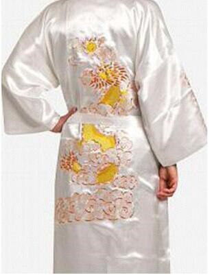 Azjatyckich mężczyzn satyna szata rękojeść wanna suknia chińnarty męska satyna jedwabny szlafrok smok rękojeść japonia kimono wanna suknia rozmiar M L XL XXL: biały / L