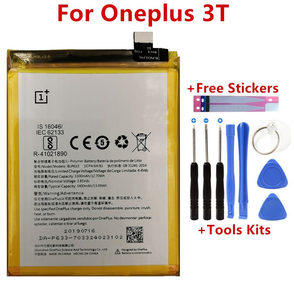 100% オリジナル交換用バッテリー 1 1 + 1 プラスoneplus oneplus 2 3 1 プラス 3 3t 5 5t品質リチウムイオン電池: For OnePlus 3T