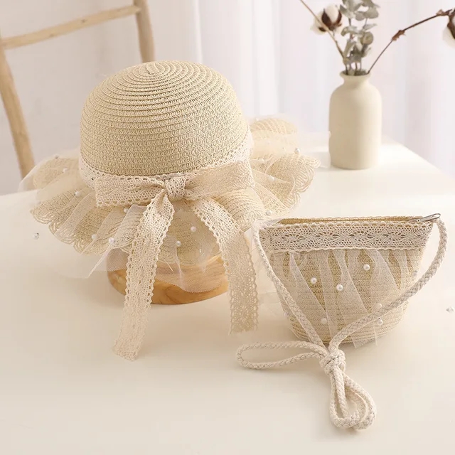 2024 neue Sommer Mädchen Strohhut Set Handtasche neue Blume Sonnenhut Strohhut Sonnenhut Kinder Mädchen Baby Strohhut Sombrero Sunset: Himmel Blau