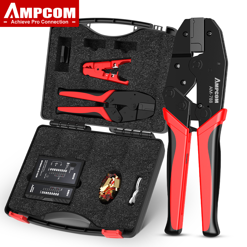 AMPCOM RJ45 Crimper Lan Tester Tool Set Ethernet Cable Stripper Punch Down Tool rj 45 rj11 Connectors 12 in 1 Cabling Repair Set: Blue