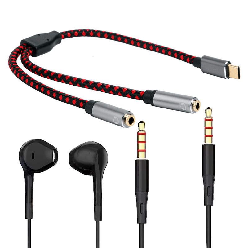 Typ-c ljudkabel usb c hane  to 3.5mm jack aux hörlursadapter hörlursmikrofon splitter flätad sladd för pc mobiltelefon: Aprikos