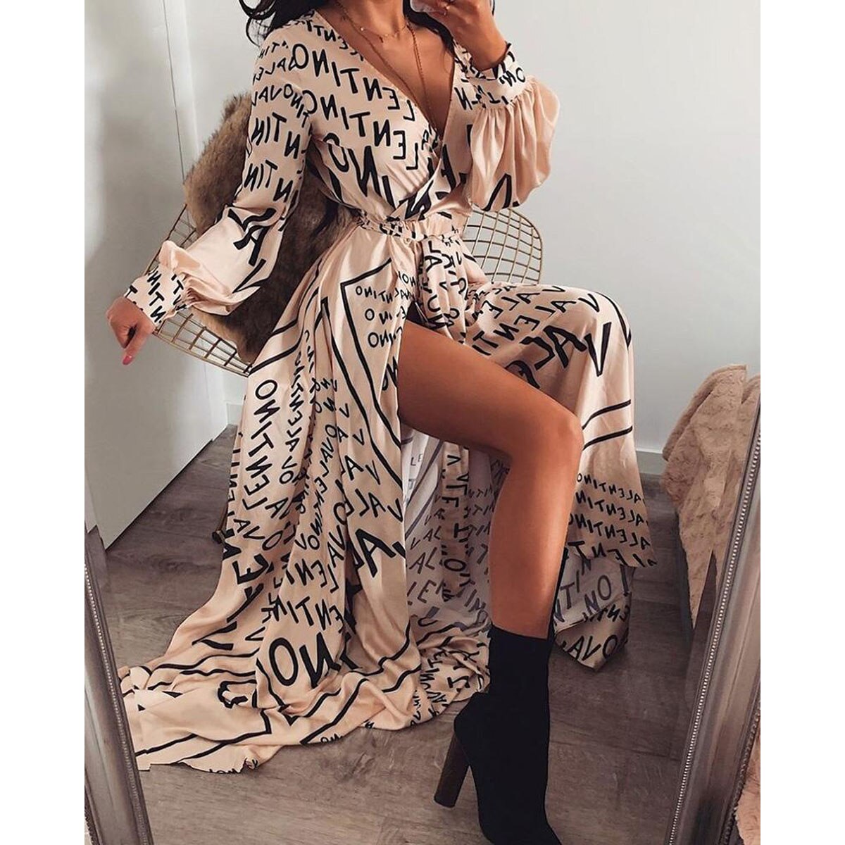 Women Spring Summer Autumn Dress Letter Print Boho V-neck Long Dress Slit Maxi Dress Beach Robe Femme Casual Loose Dresses