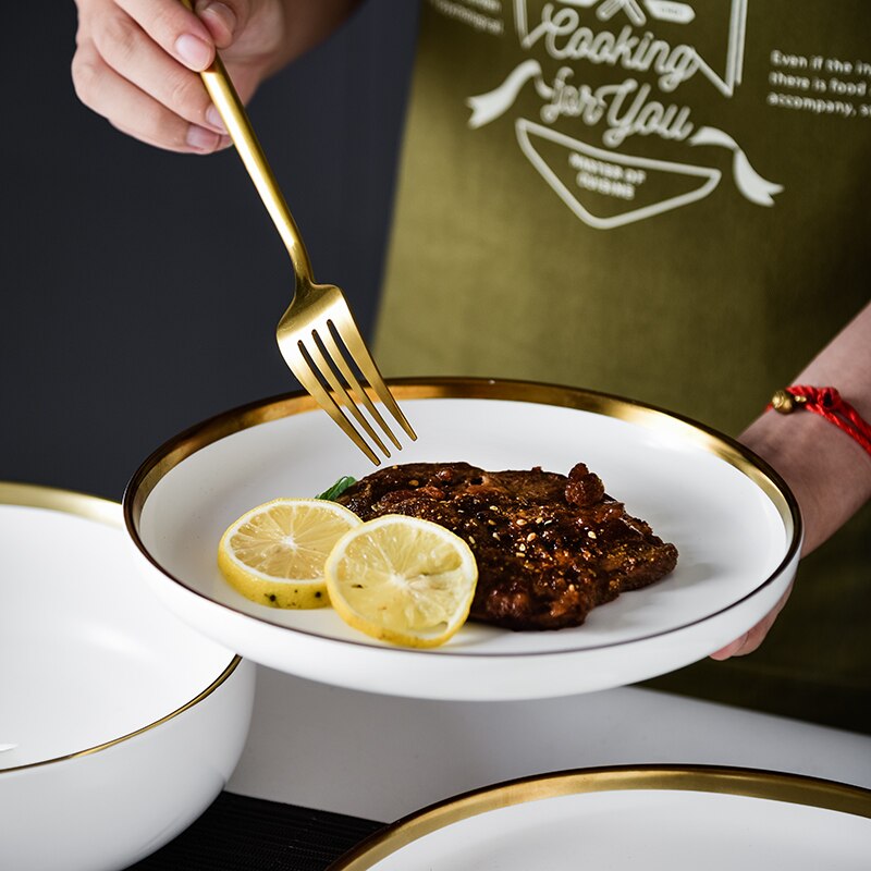 Juego de vajilla de porcelana con borde dorado, plato de cerámica para pastel, comida, ensalada, sopa, tazón, vajilla para restaurante